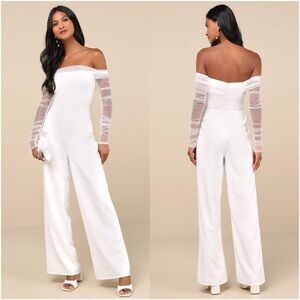 LULU’S Eternal Bliss White Tulle Off The Shoulder Wide-Leg Jumpsuit